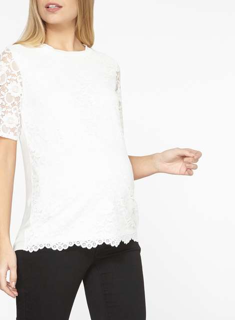 **Maternity Ivory Floral Lace Front T-Shirt